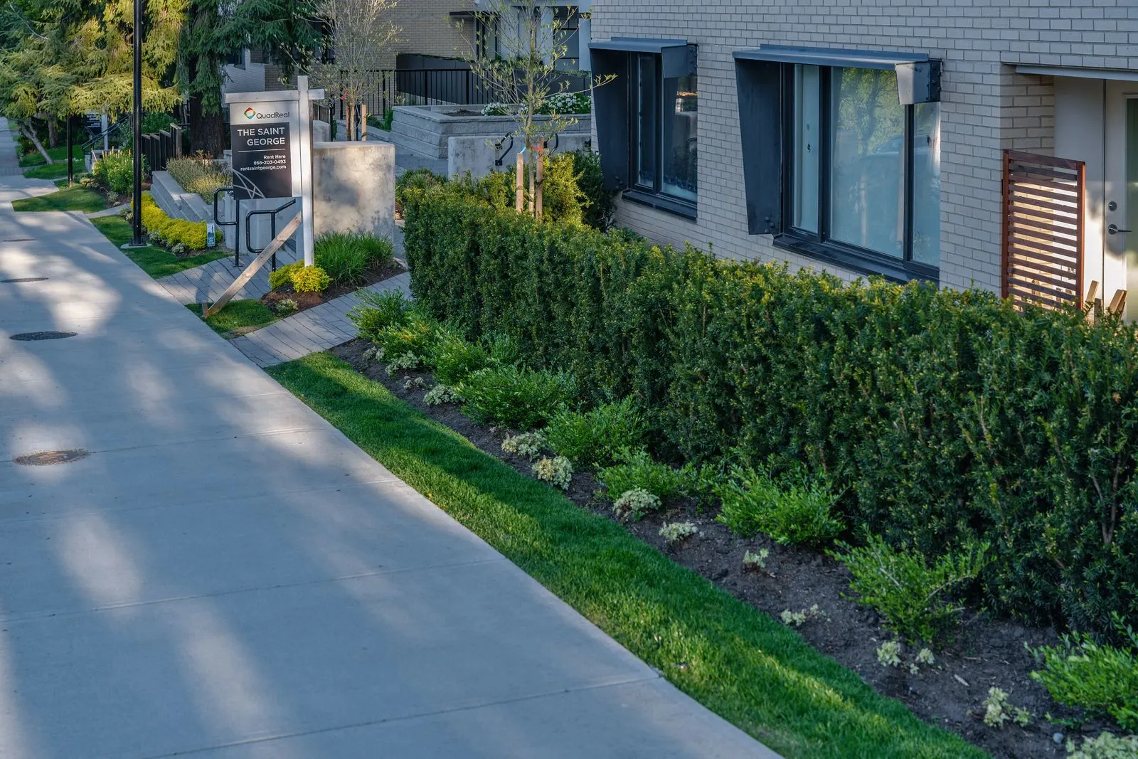 Sidewalk and hedge planting beside a residential building at The Saint George