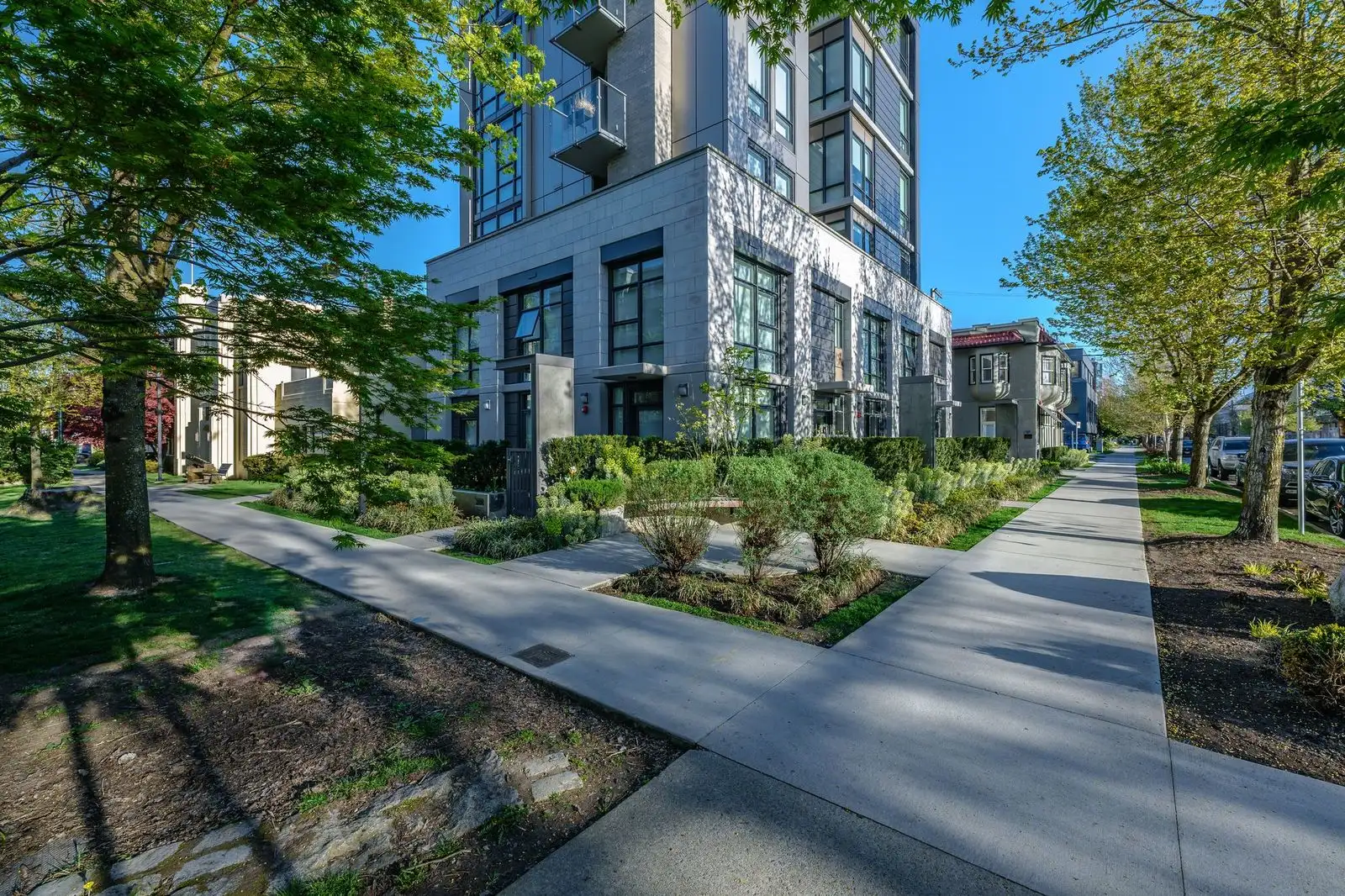 Walkway lined with planting beds and mature trees at Eleven West