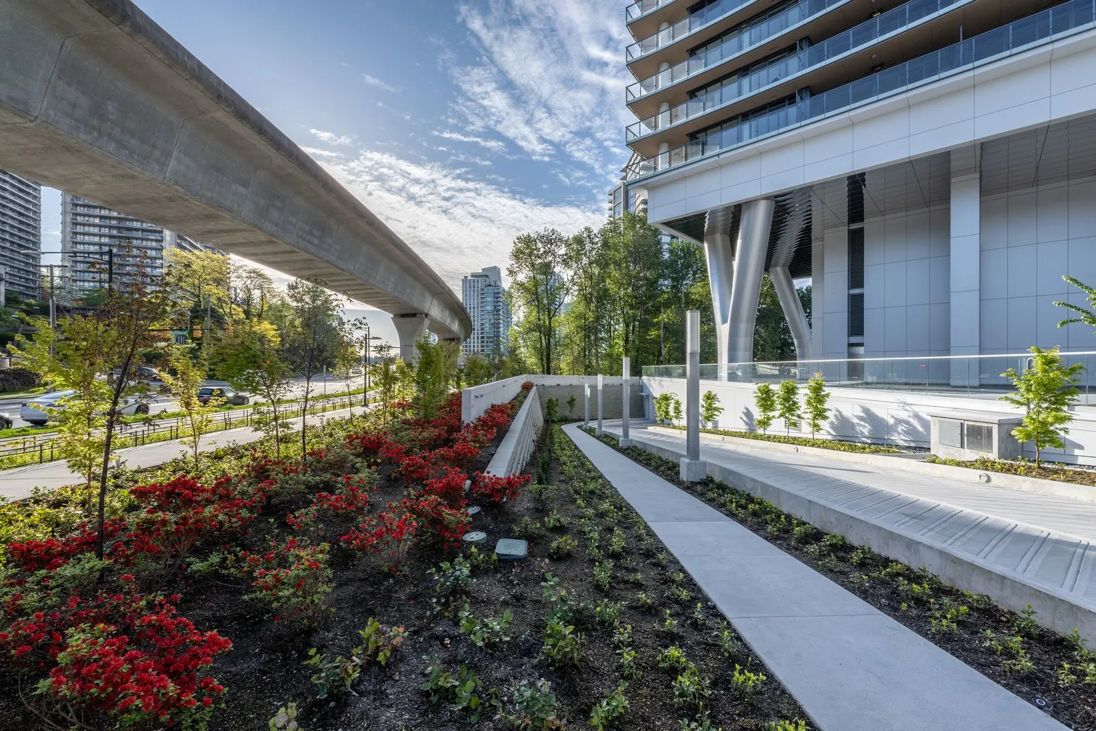 Pathway with red flowering planting under an elevated guideway at Brentwood 1B