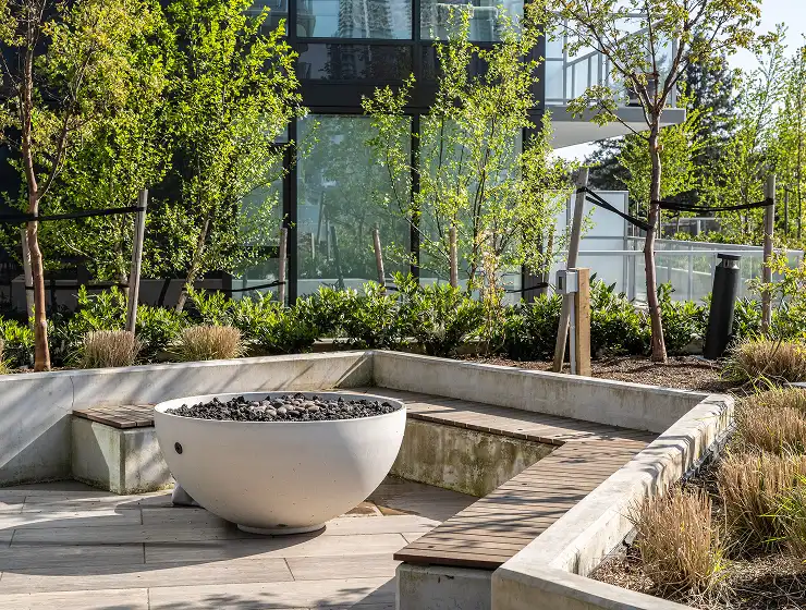 Courtyard with concrete fire bowl, timber seating and planted beds