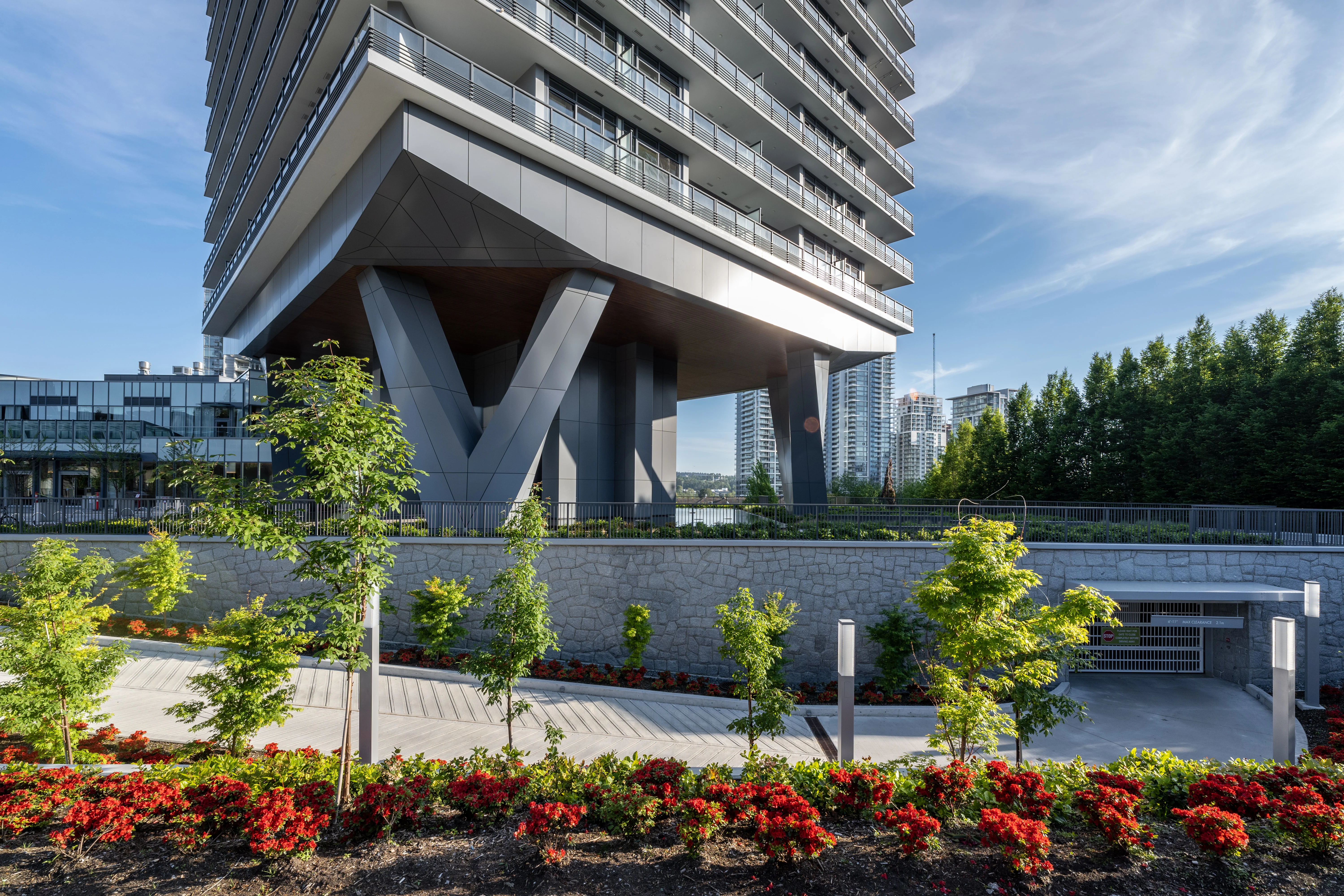 Red flowering bedding plants and young trees below a high-rise tower