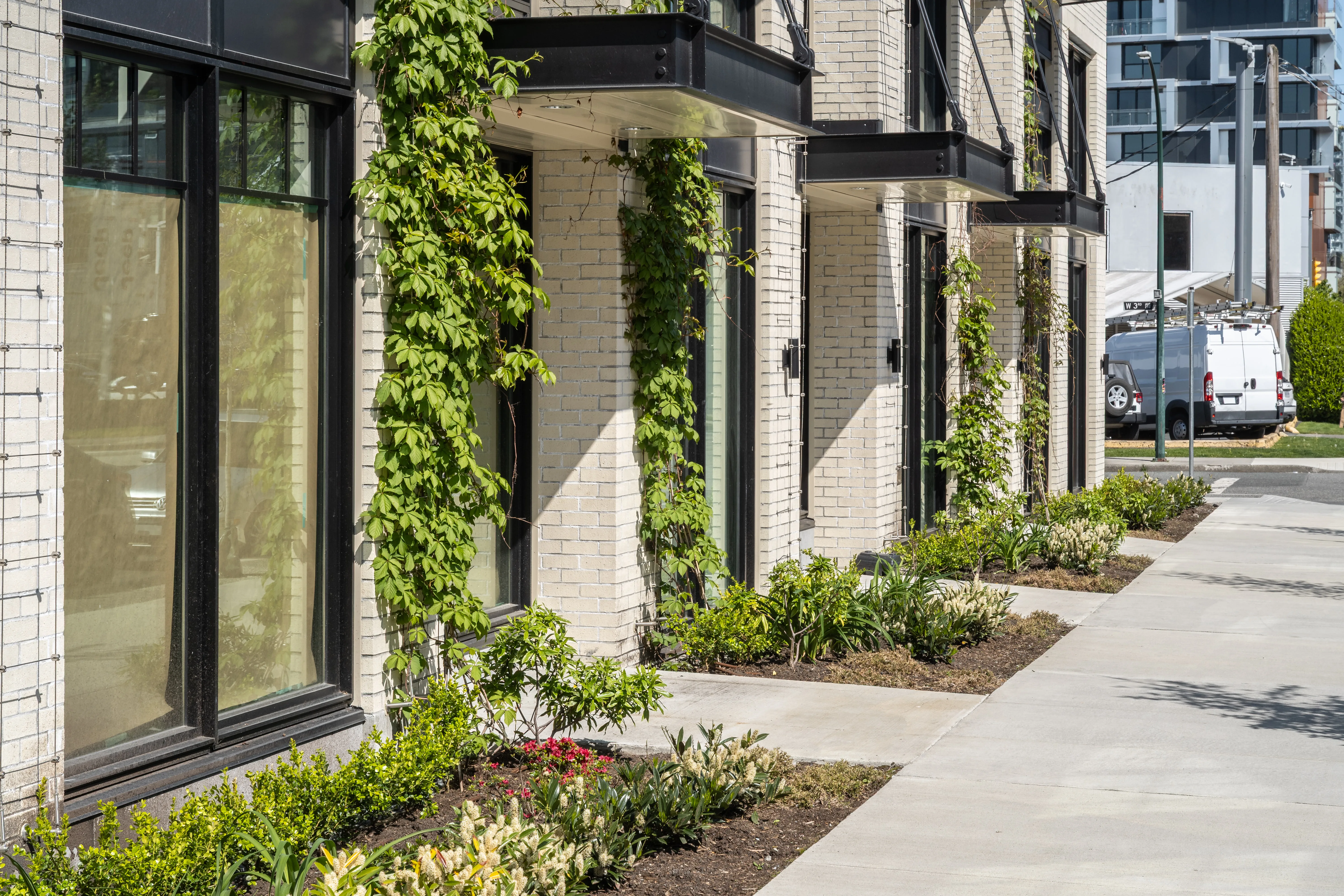 Climbing vines and planting at street-level entries at Ofisworks