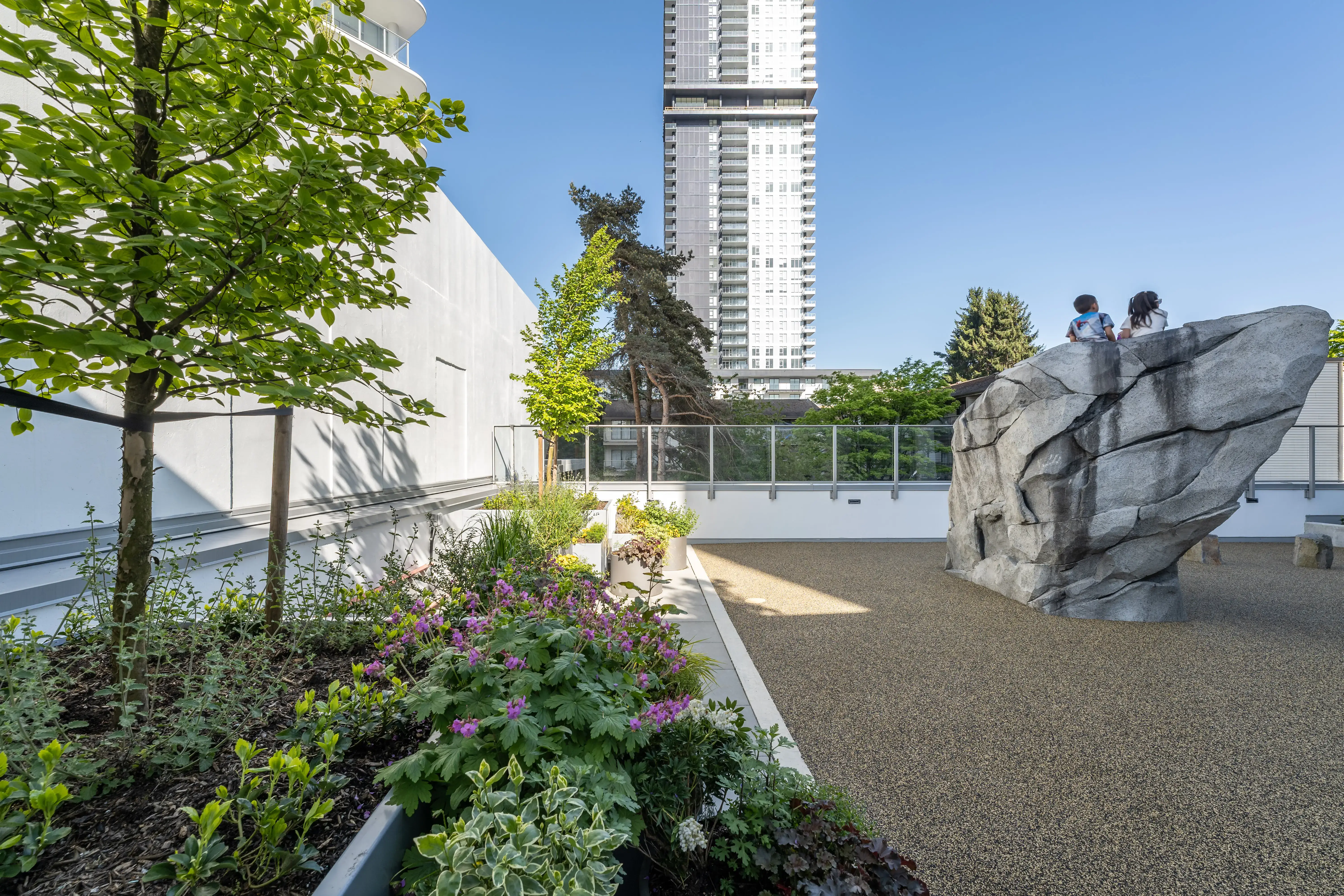 Sculptural climbing boulder and planting on a rooftop at Meridian
