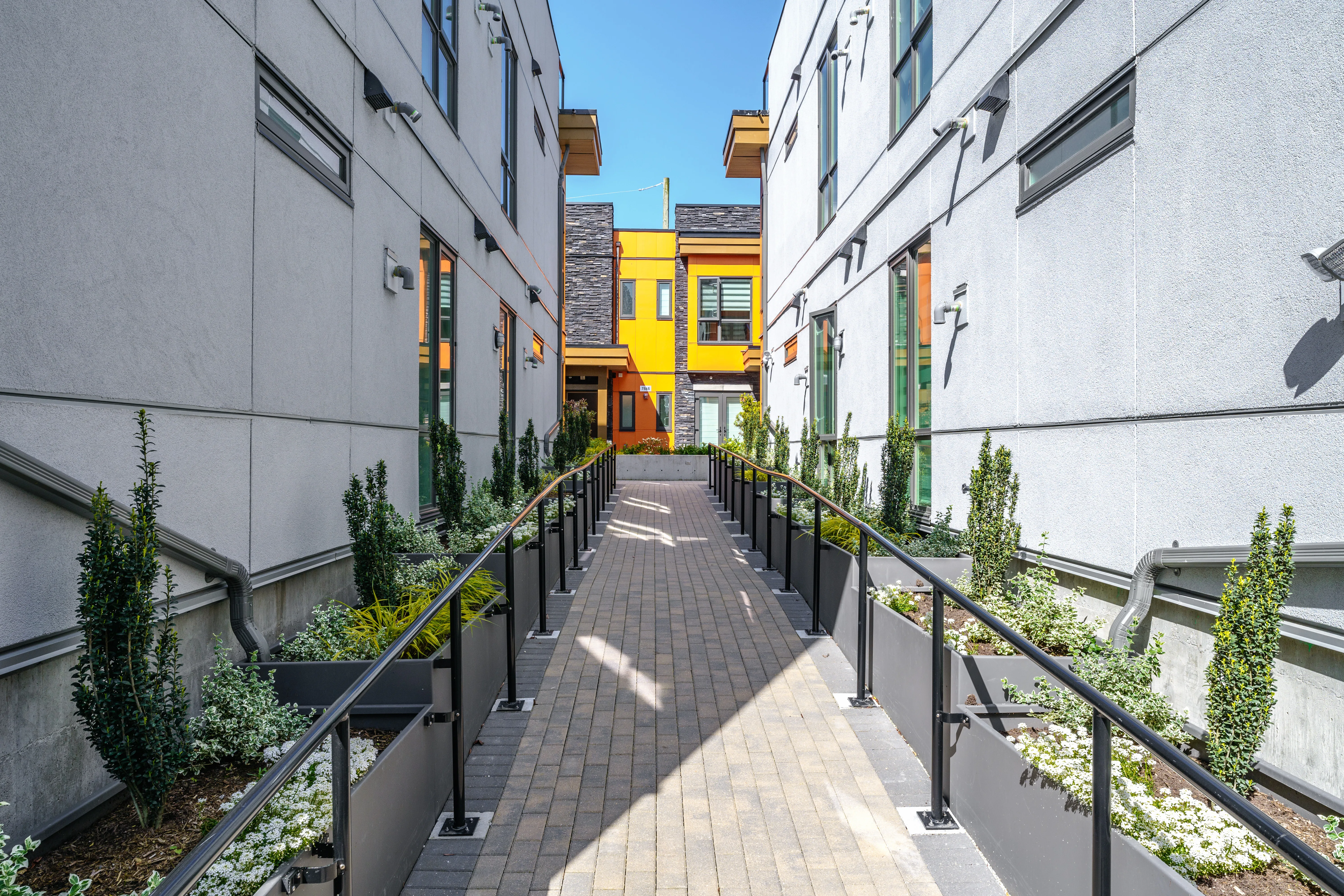 Narrow walkway with railings and planting between townhomes at Terraces at Oak Park