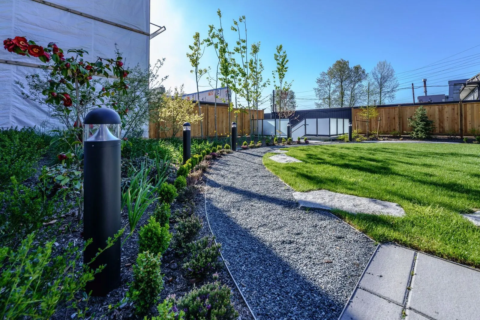Gravel path with bollard lights and planting at The Grove Presentation Centre