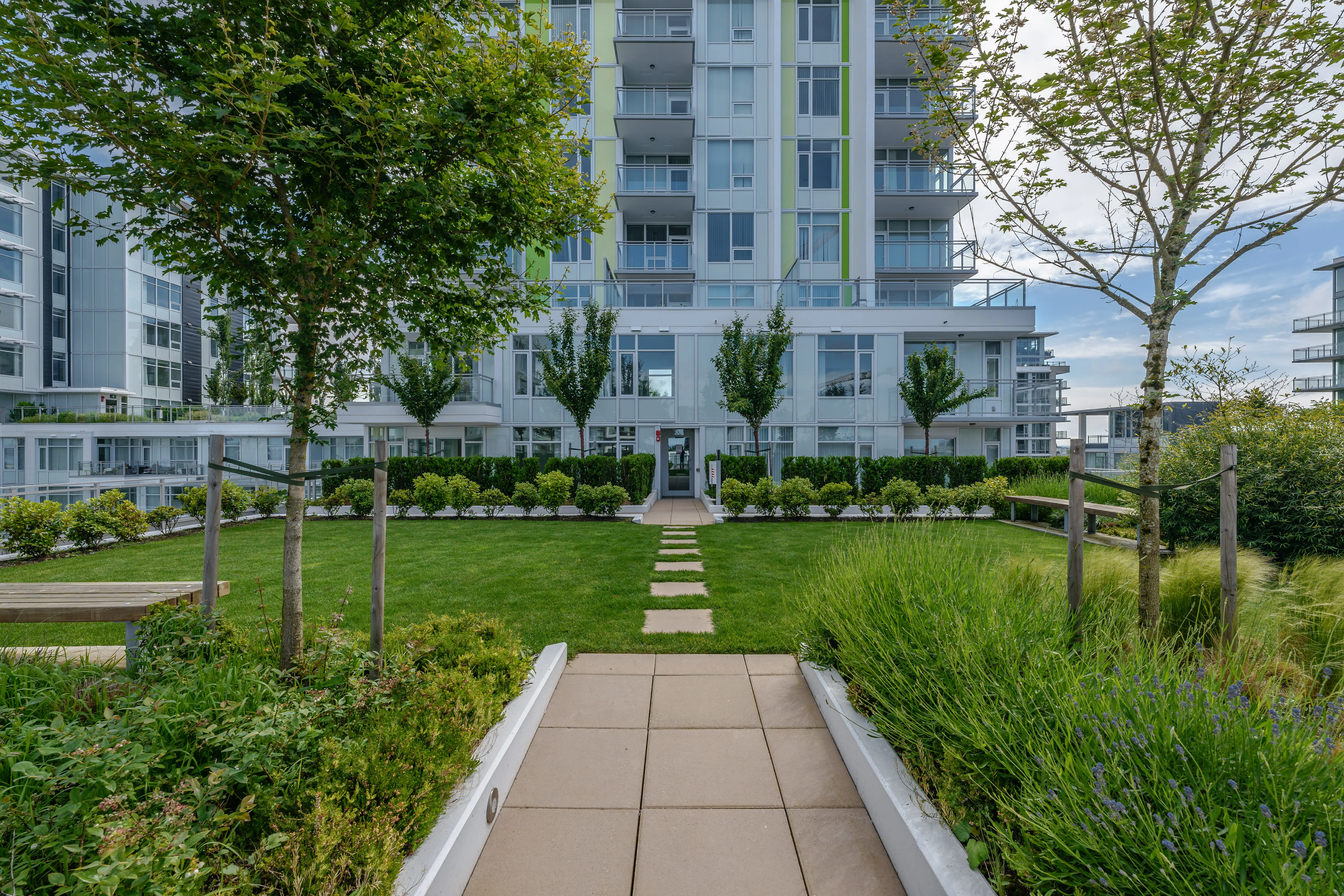 Paved path through lawn and planting in a courtyard at Torino