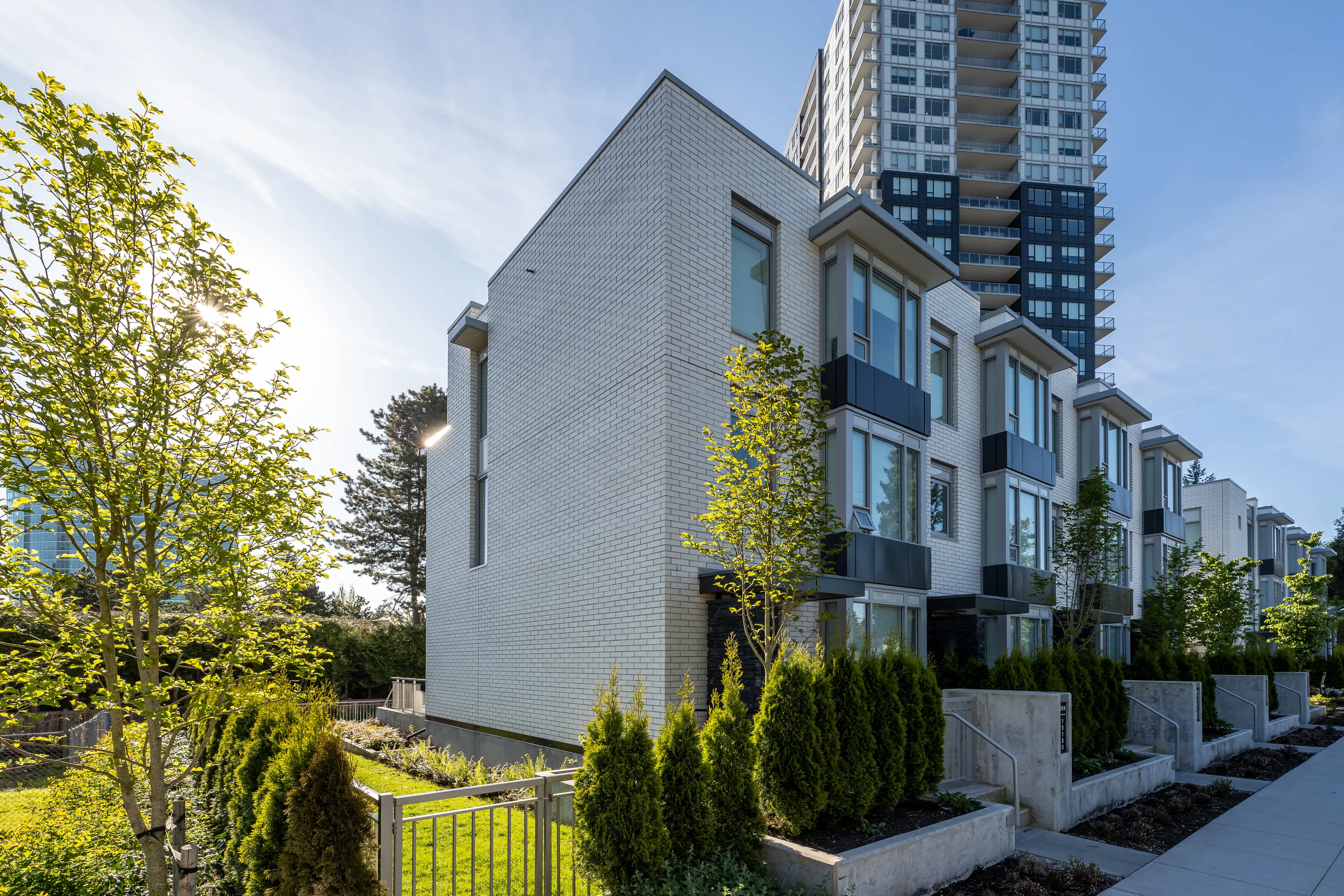 Townhomes with columnar evergreens and front planting at The Holland I