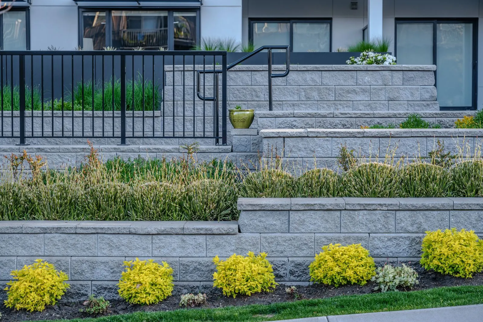 Terraced block walls with grasses and yellow shrubs at The Saint George