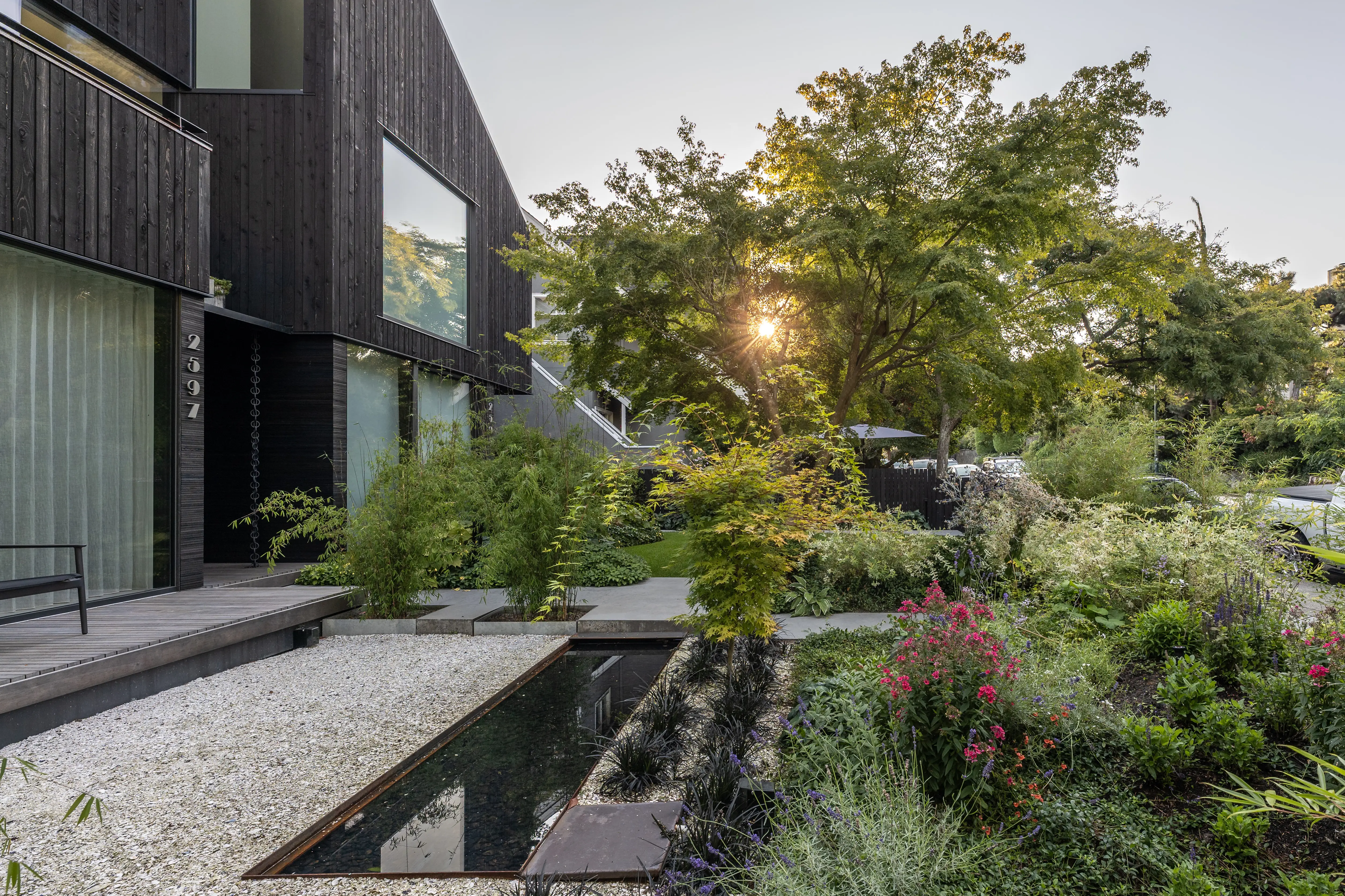 Gravel strip and water feature with mixed planting at West 1st