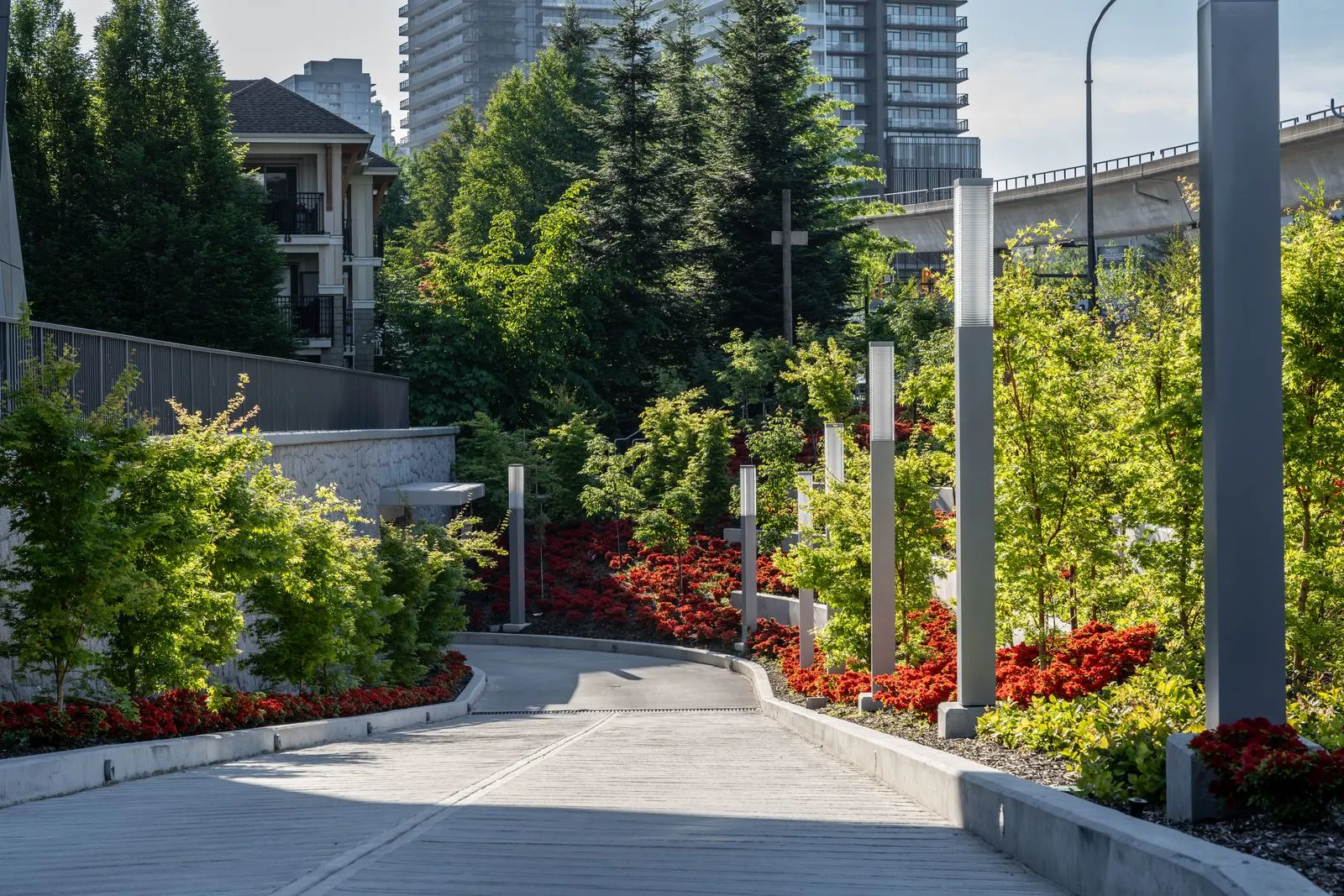 Curved driveway lined with red flowering planting and trees at Brentwood 1A