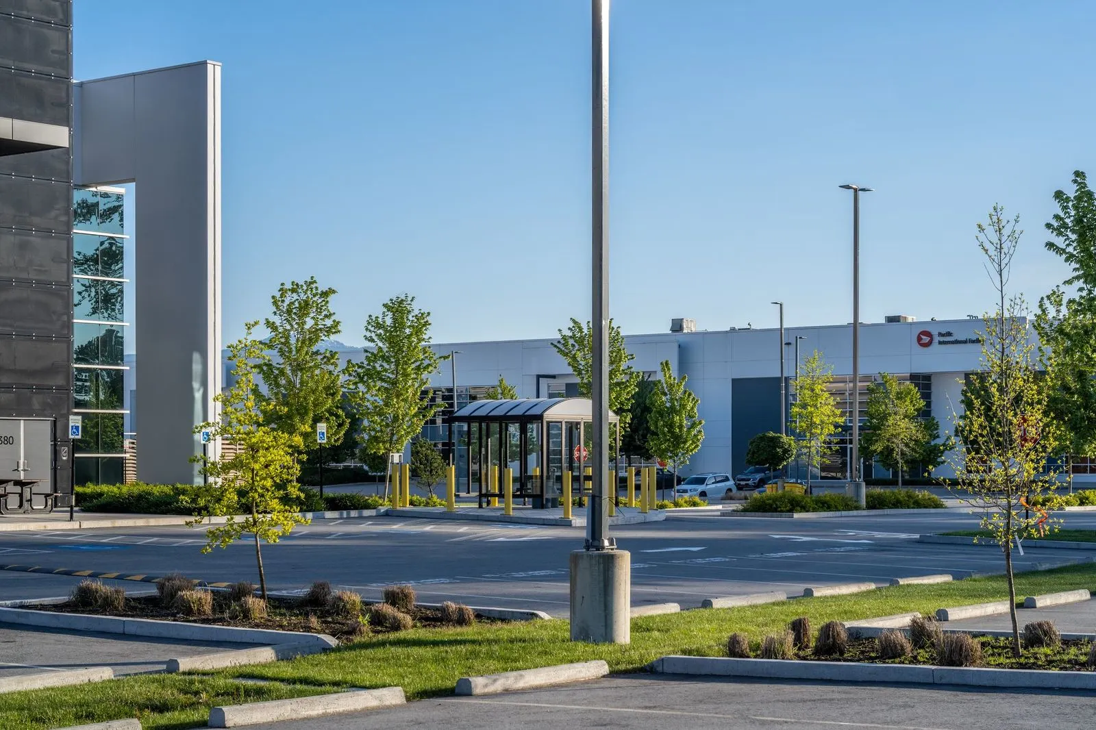 Planted parking islands and light poles at Riverbend Amazon Warehouse