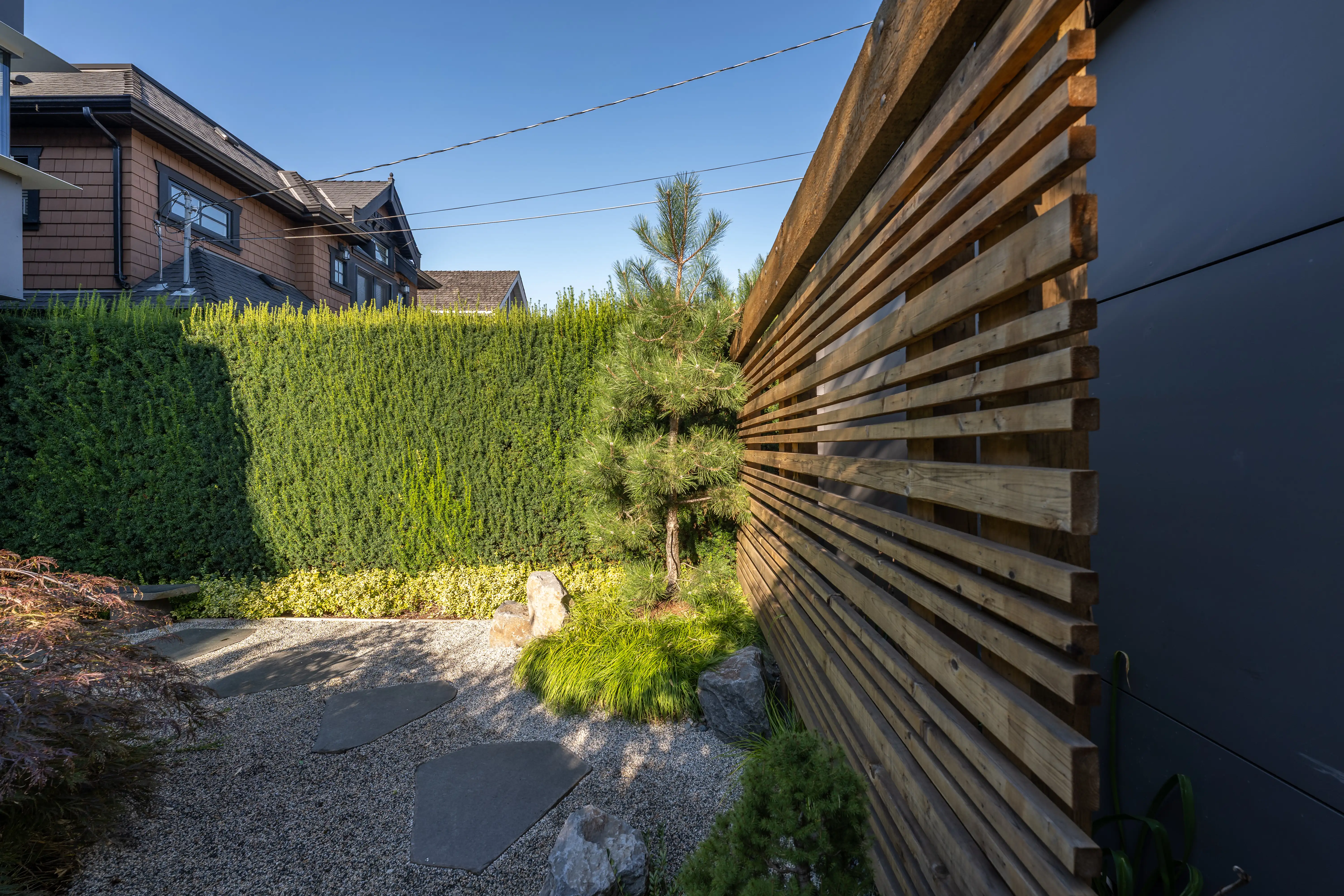 Gravel garden path between a tall hedge and slatted timber wall at West 9th