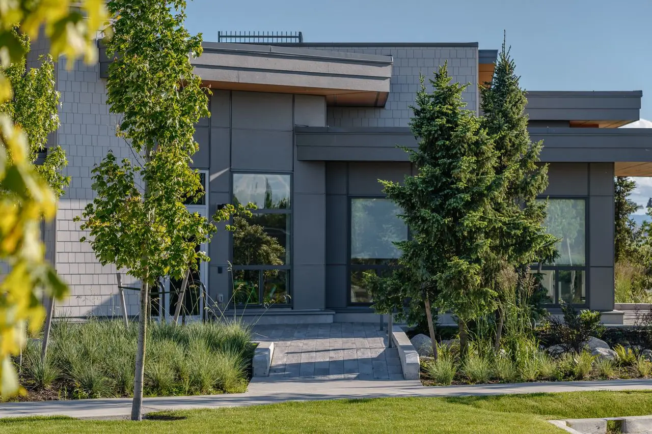 Trees and shrub planting beside the amenity building at Boardwalk