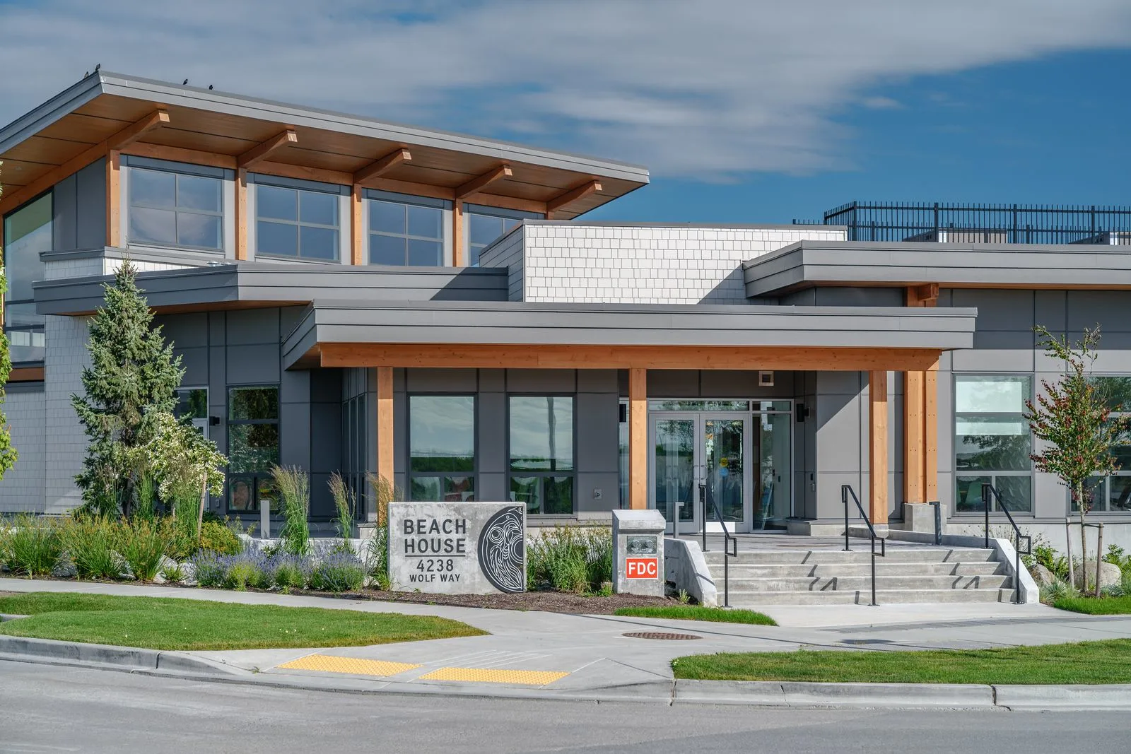 Planting at the entrance of the Beach House amenity building at Boardwalk