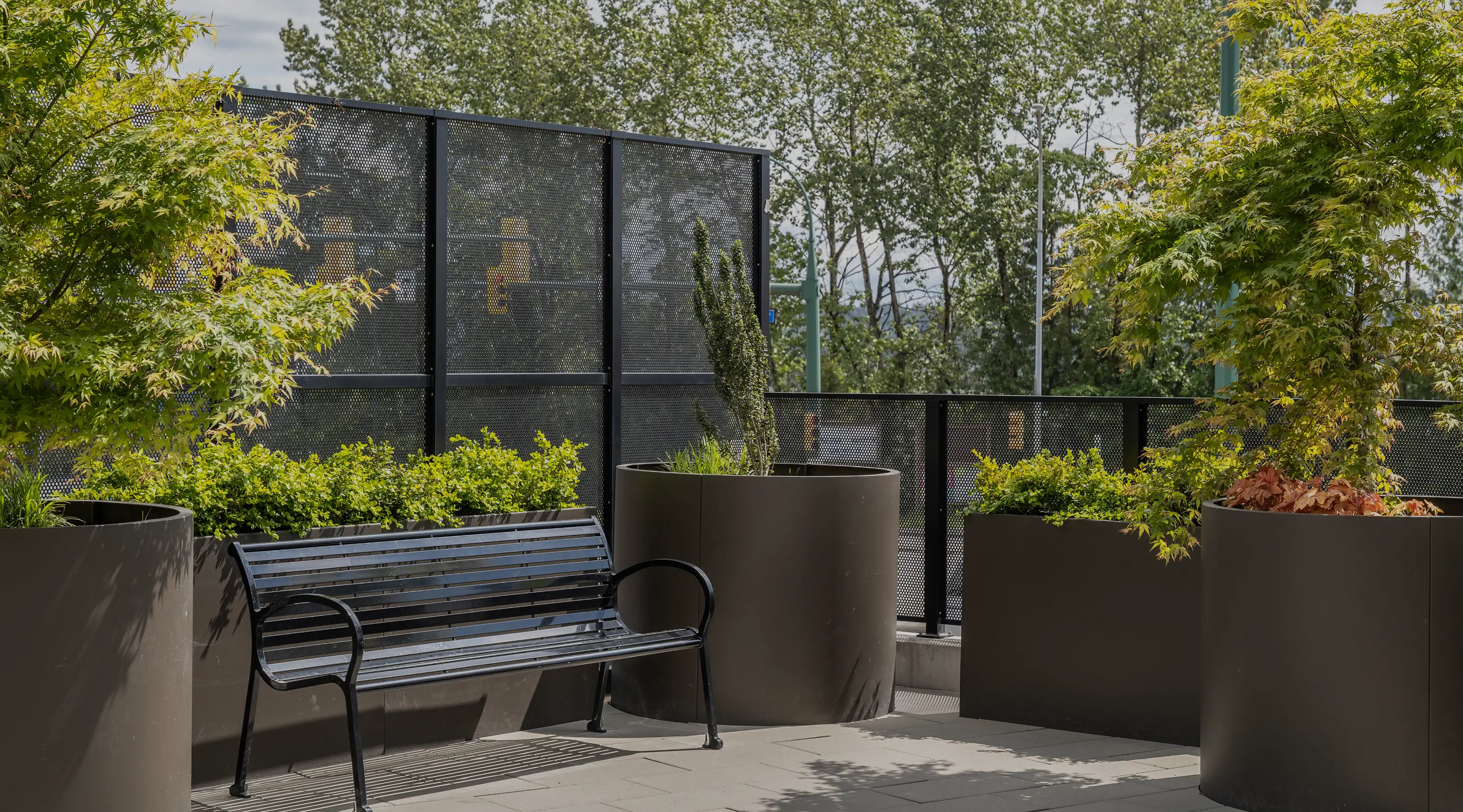 Benches and large planters in front of a dark privacy screen