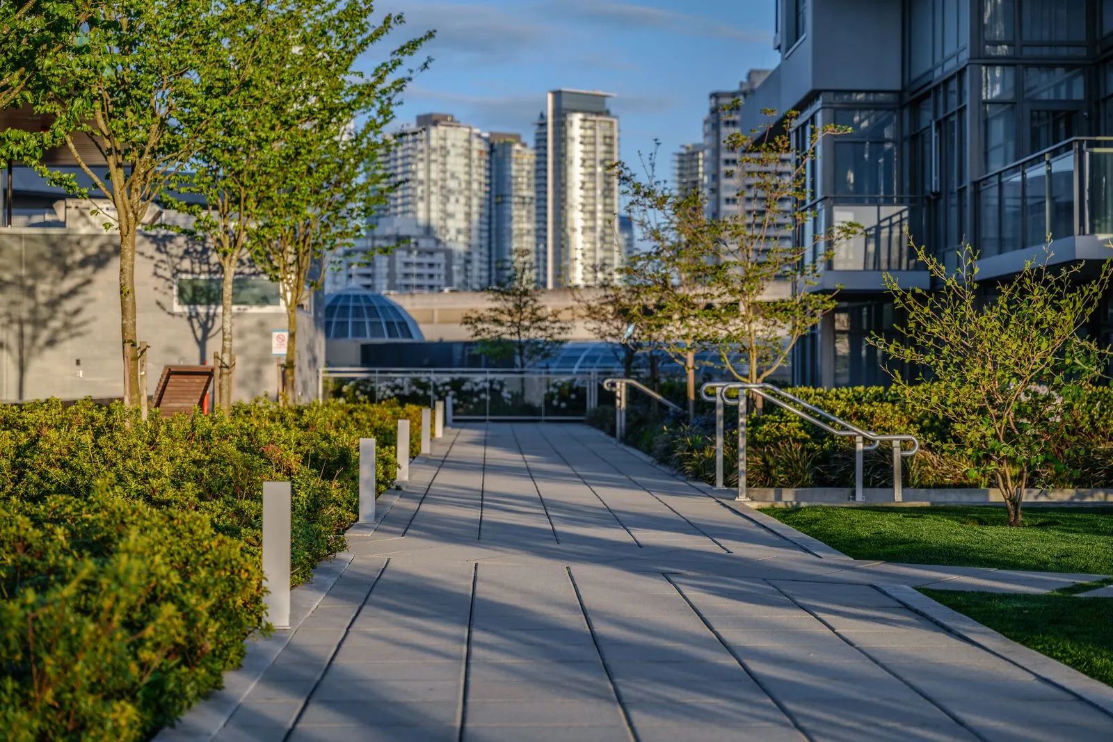 Rooftop walkway lined with shrubs and trees at Station Square 2 and 3