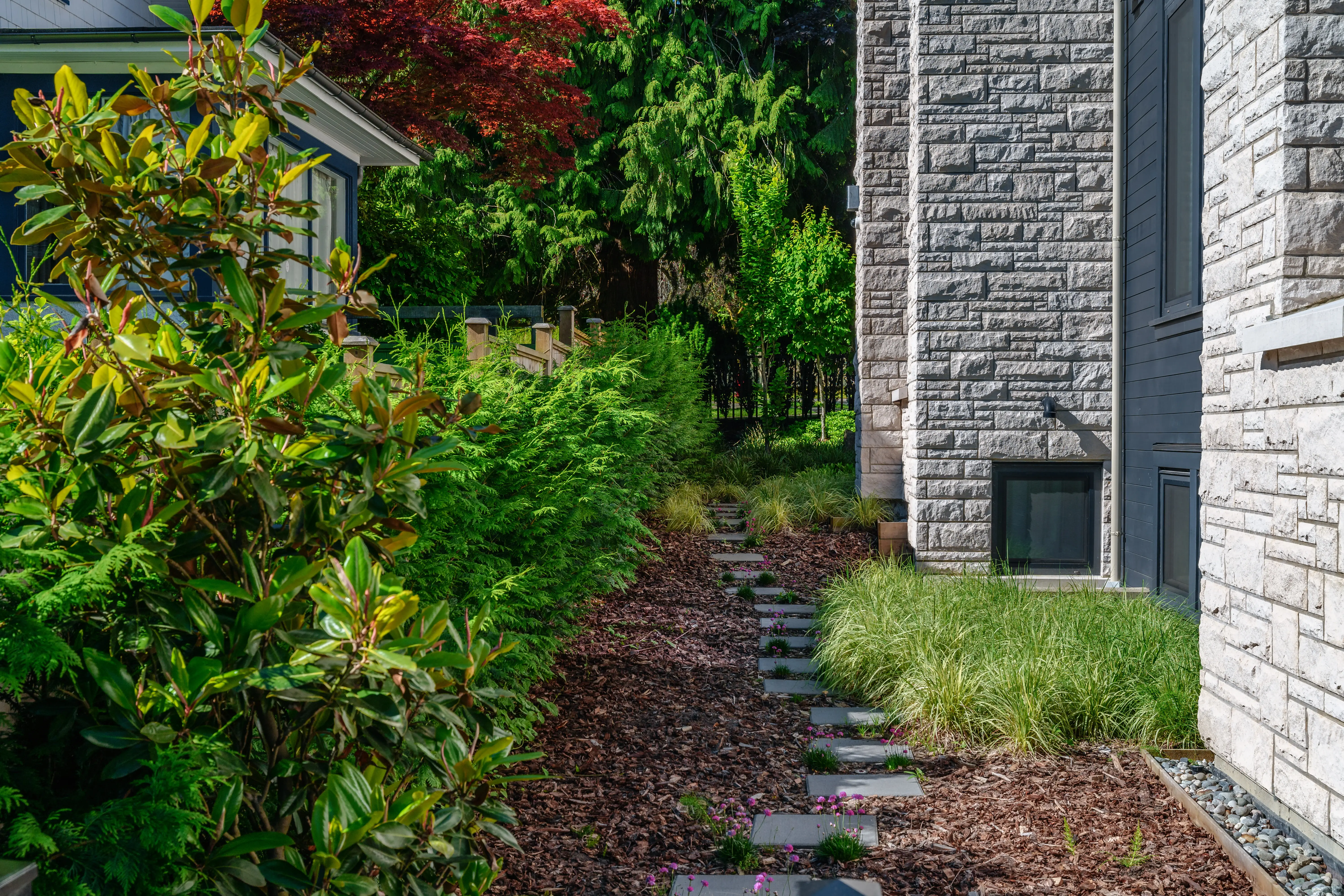 Stepping stone path through shrub planting beside a stone wall at Hudson Street