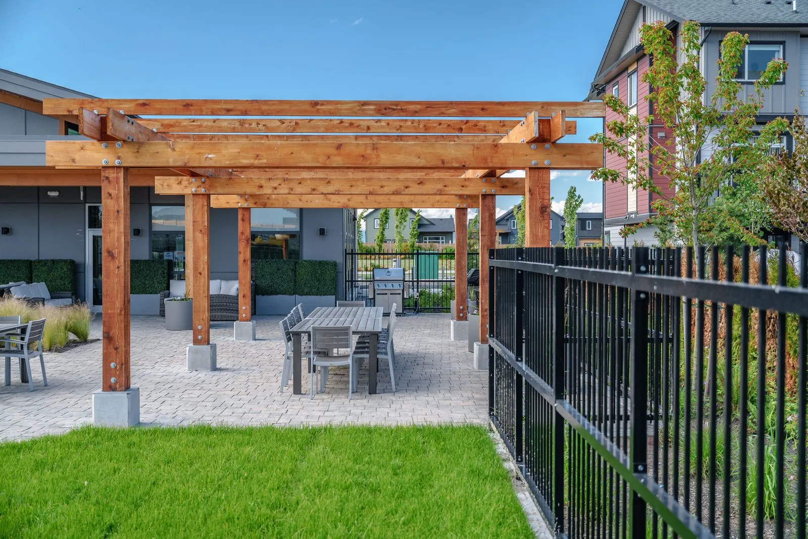 Timber pergola over a patio beside a lawn at Boardwalk