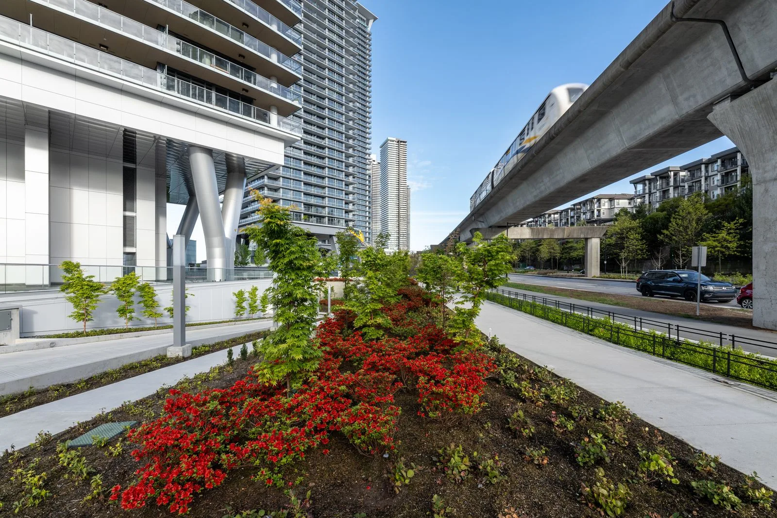 Red flowering planting bed beside a walkway under a guideway at Brentwood 1B