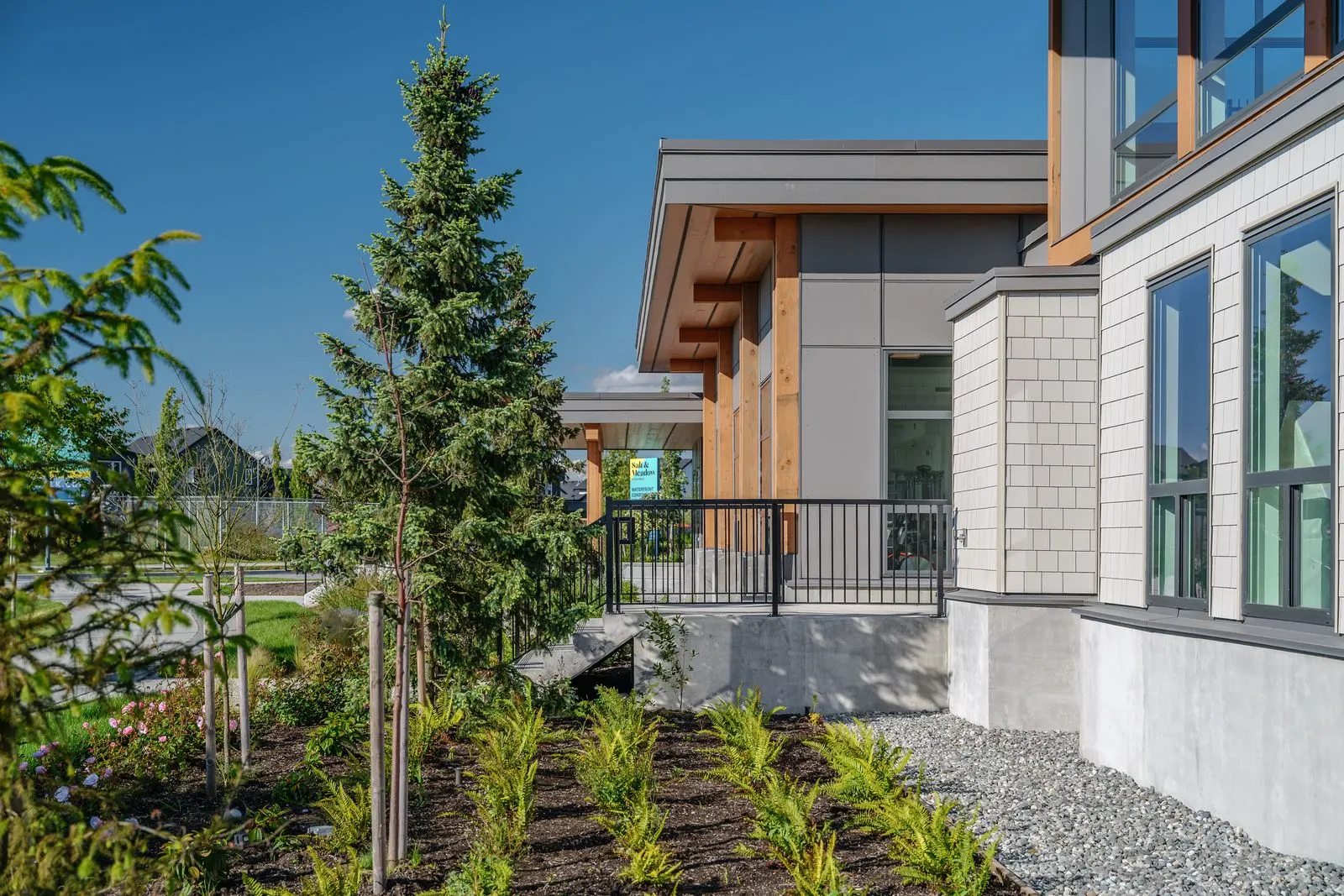 Evergreen and grass planting beside the amenity building at Boardwalk