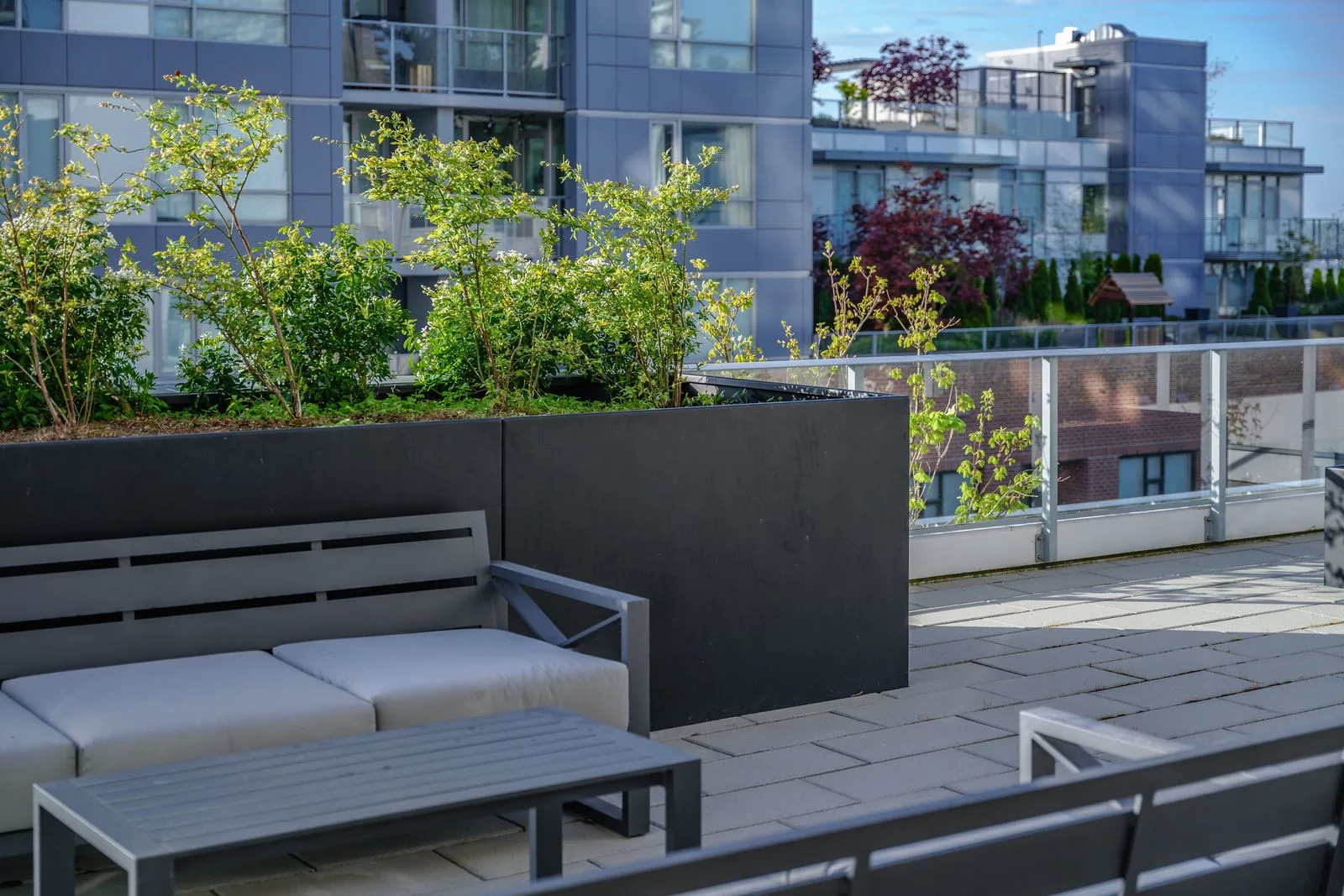 Outdoor sofa beside planters on a rooftop terrace at The Beverley