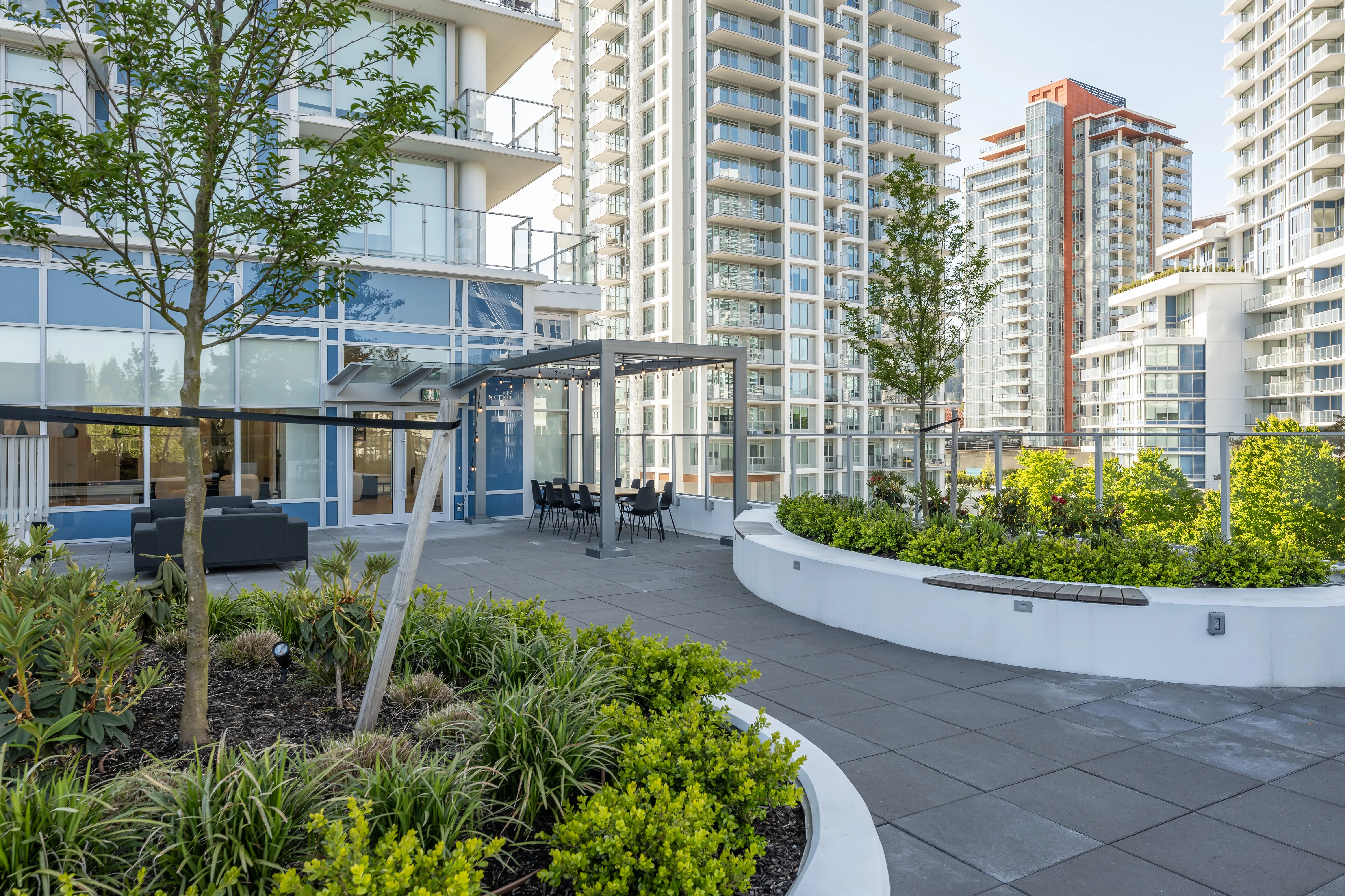Curved planters and planting on a plaza beneath towers at Precidia
