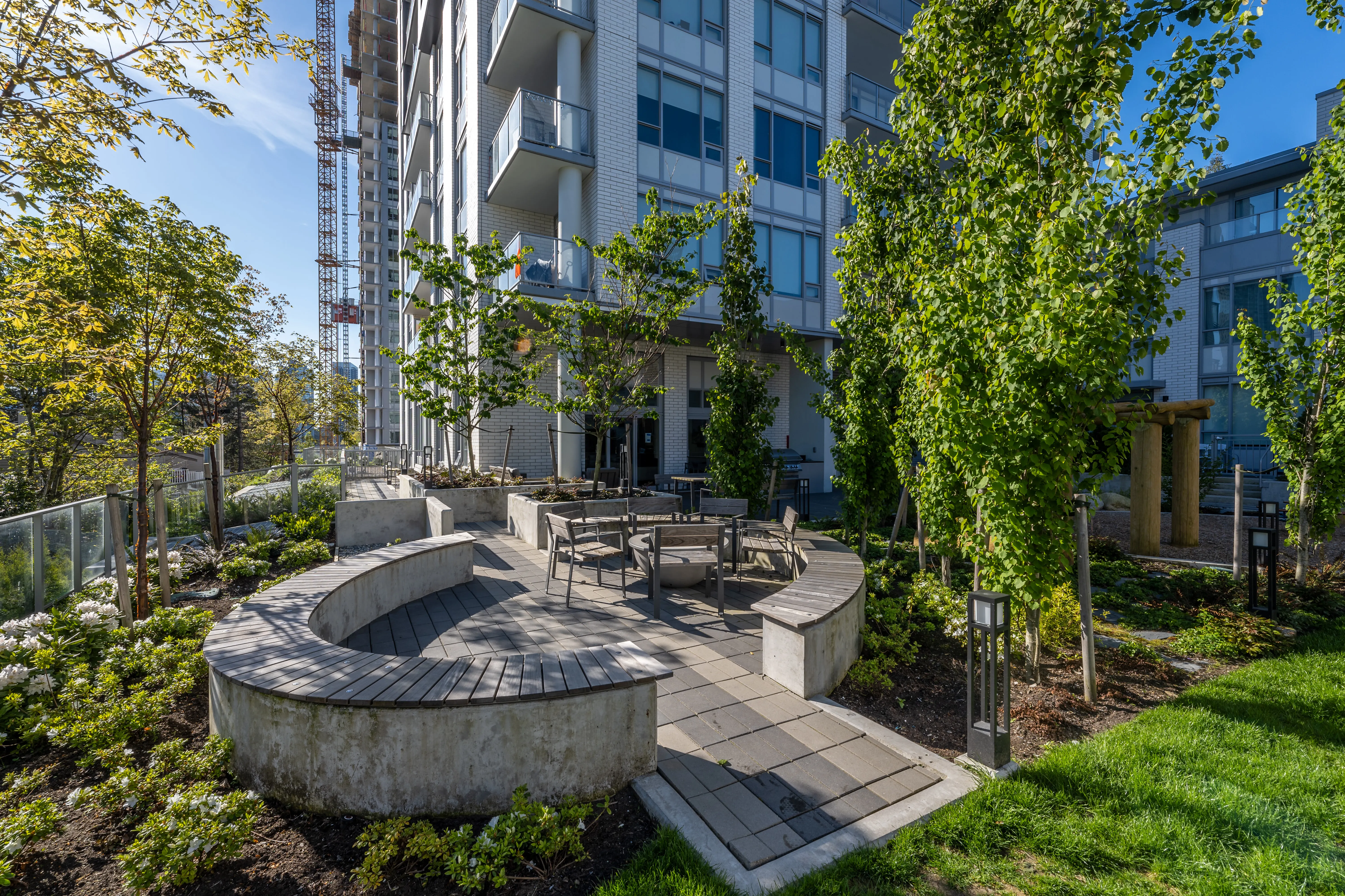 Curved concrete seating and lawn in a courtyard at The Holland I