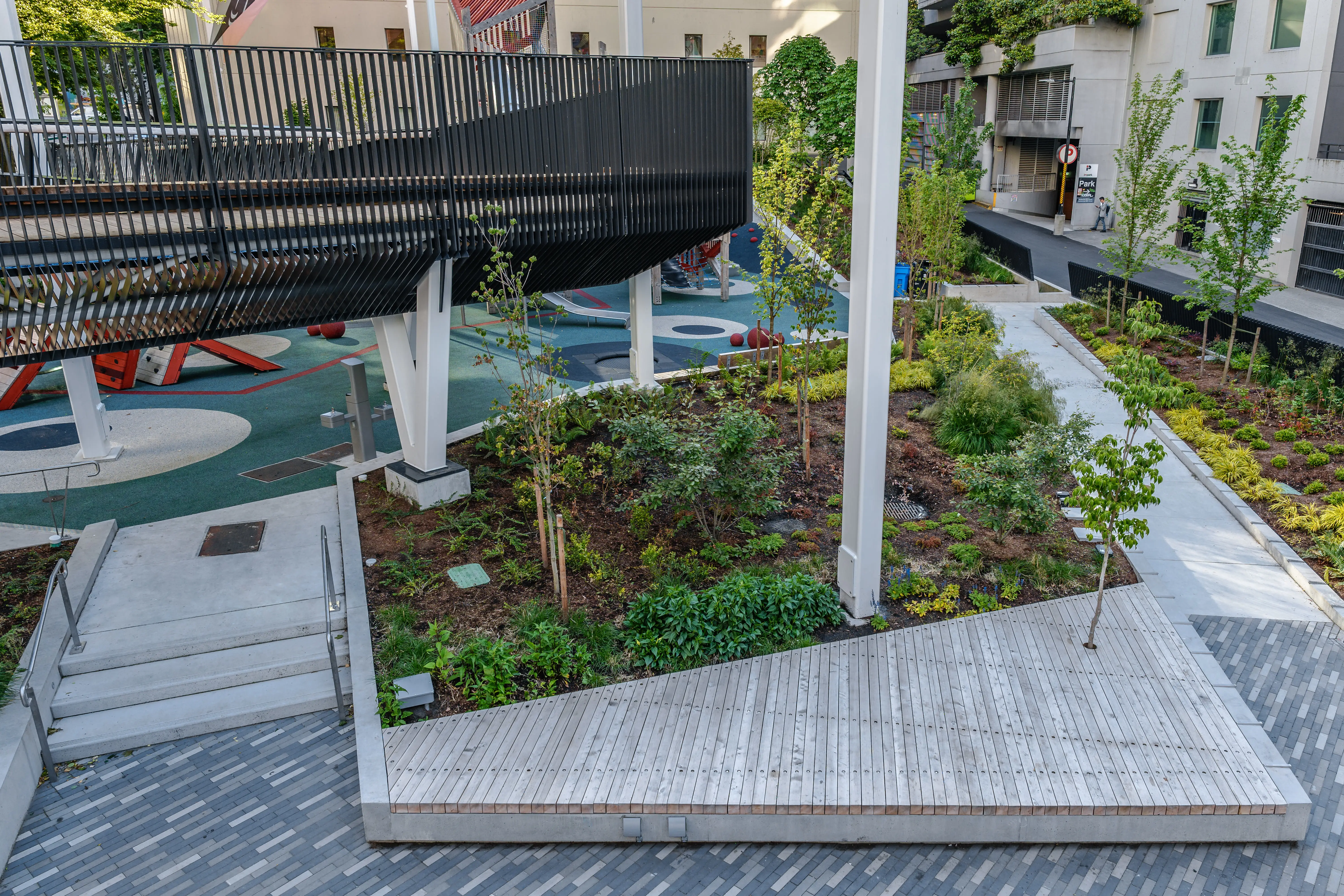 Planting beds and timber deck under an elevated walkway at Rainbow Park Downtown