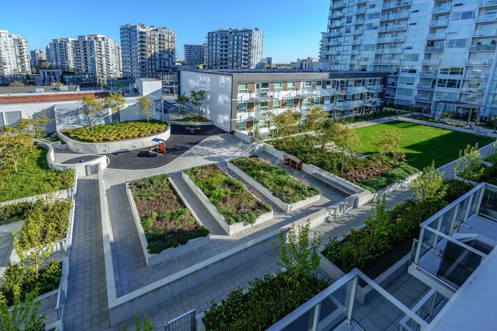 Rooftop courtyard with geometric planting beds and lawn at River Park Place 2