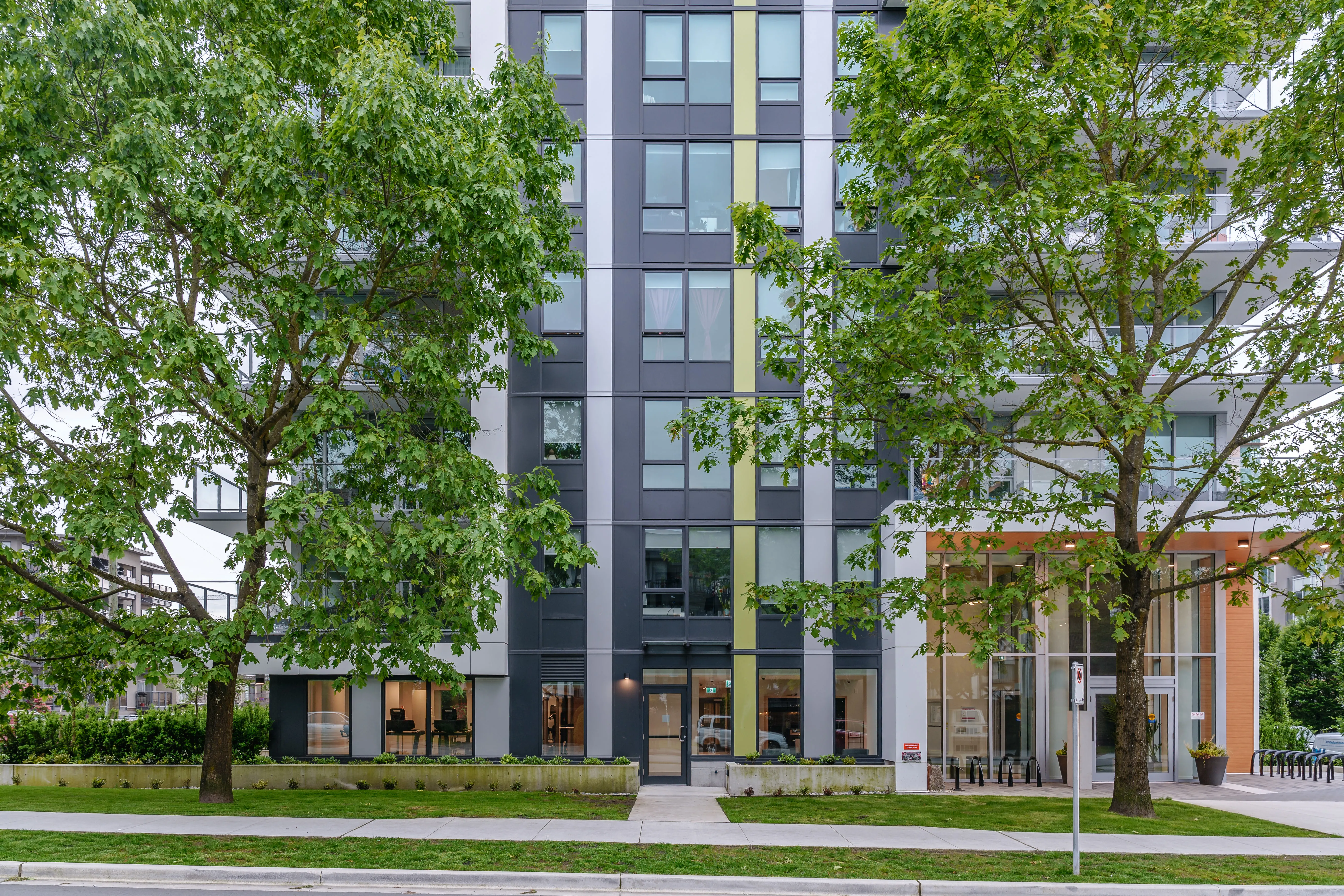 Street trees and planting in front of a residential tower at Origin