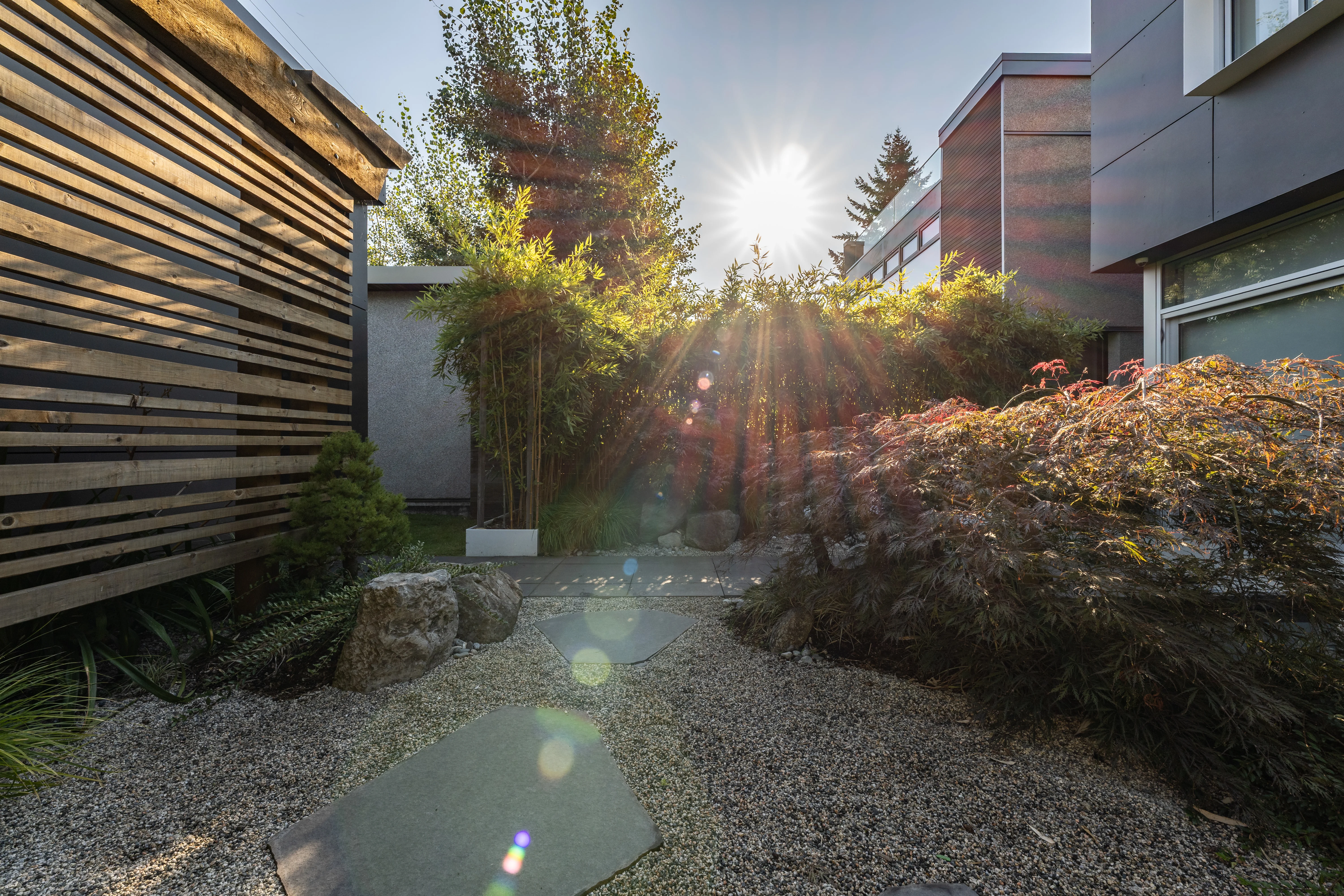 Stepping stones through a gravel garden in sunlight at West 9th