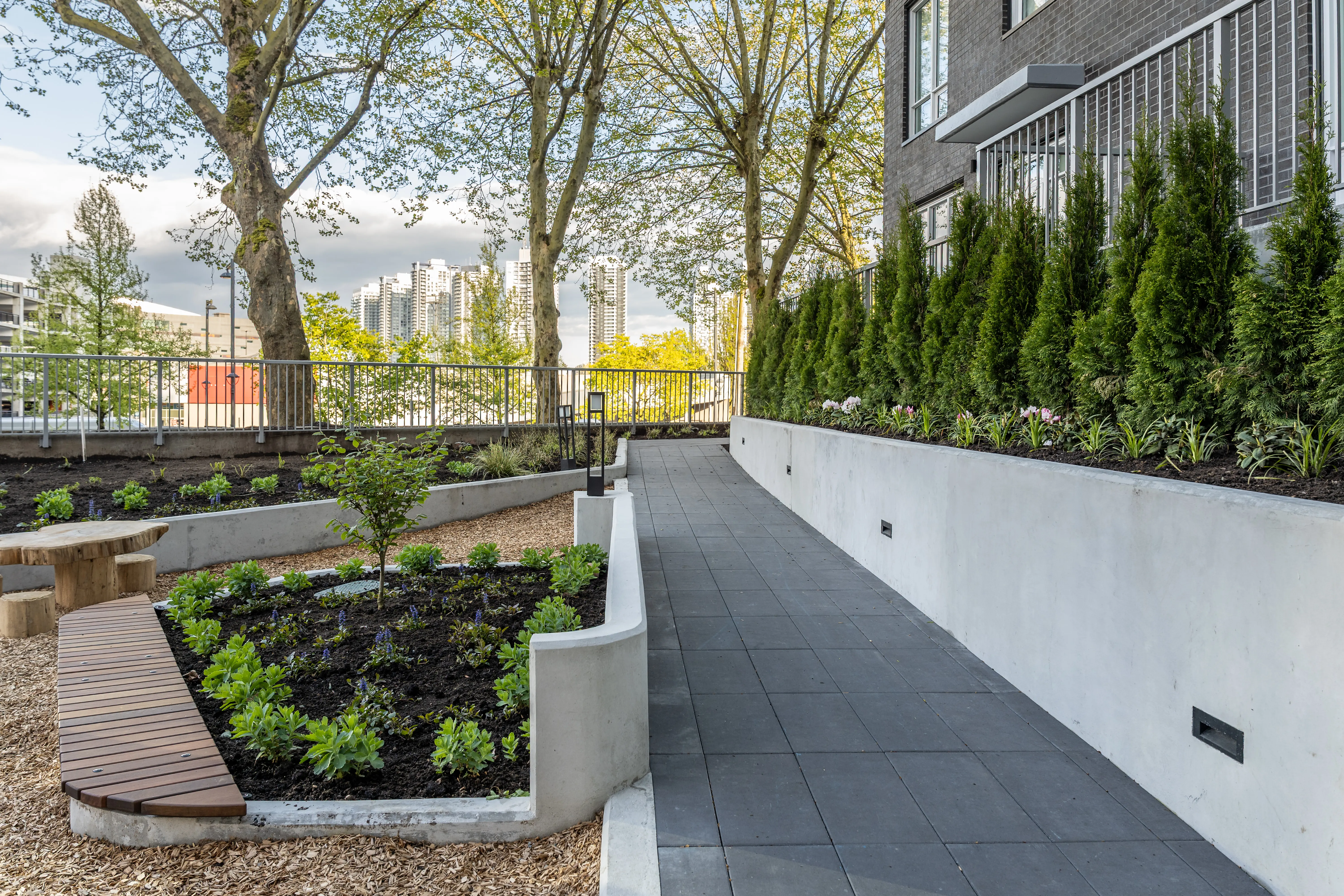 Raised planter and timber bench along a walkway at The Holland II
