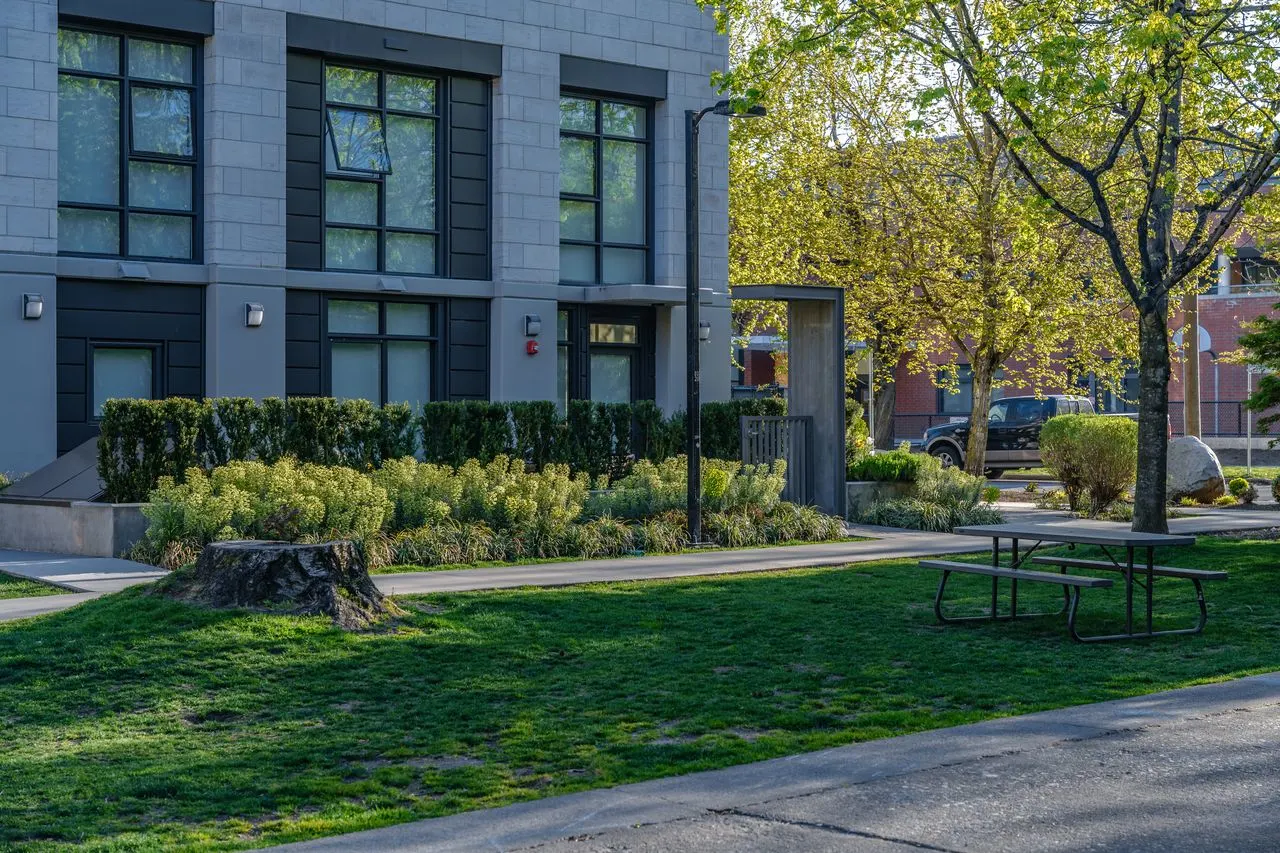 Lawn, hedges and picnic tables beside townhomes at Eleven West