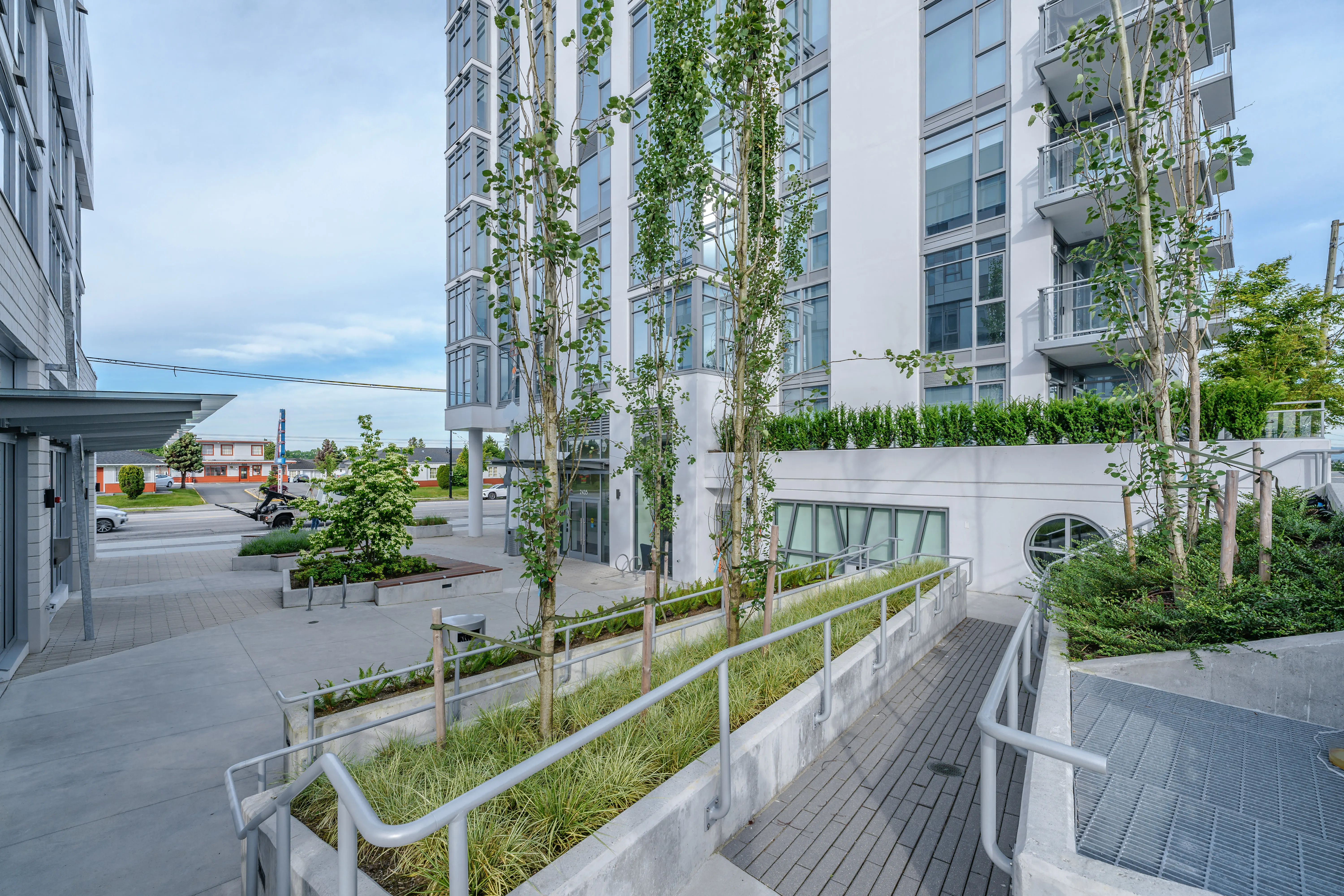 Ramp with railings beside planting and columnar trees at The Windsor