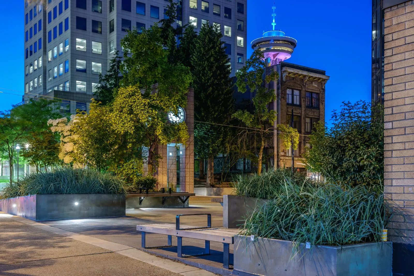Plaza planters and trees with a downtown tower lit at dusk at Vancouver Community College
