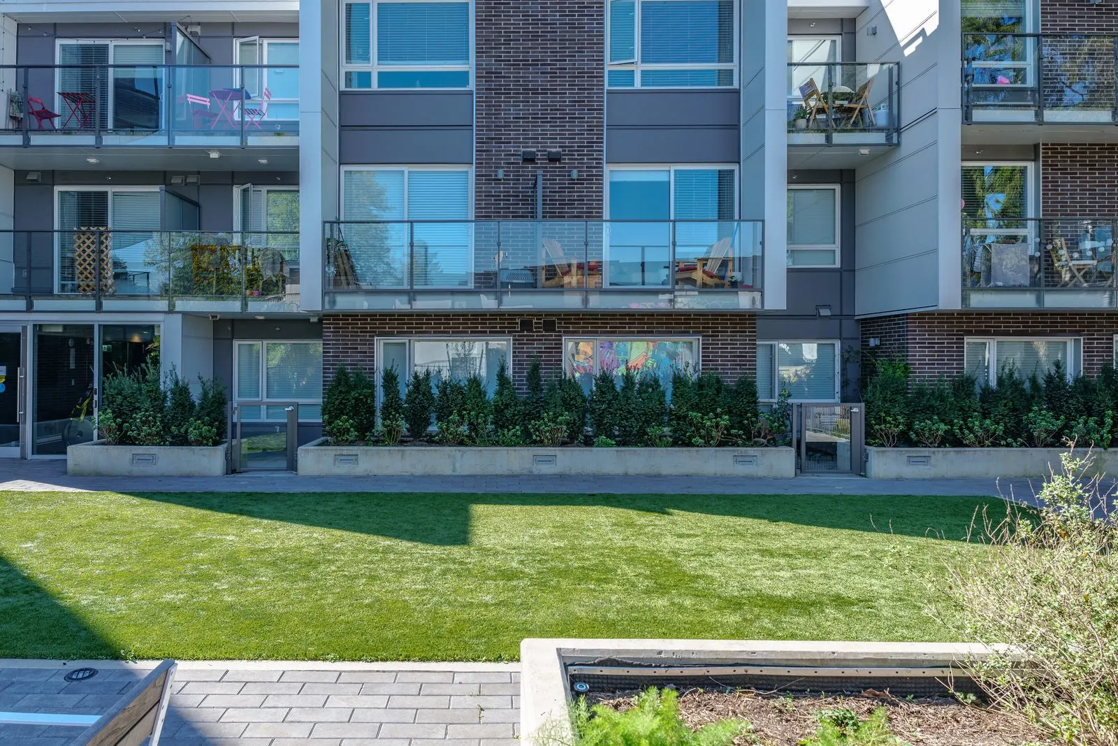 Courtyard lawn in front of residential patios at Conrad